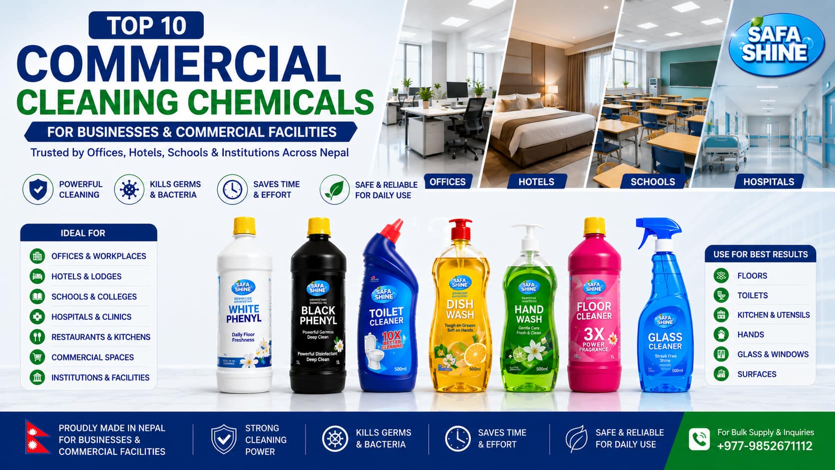 Top 10 Commercial Cleaning Chemicals Used in Nepal's Offices, Hotels & Institutions | Safa Shine Nepal
